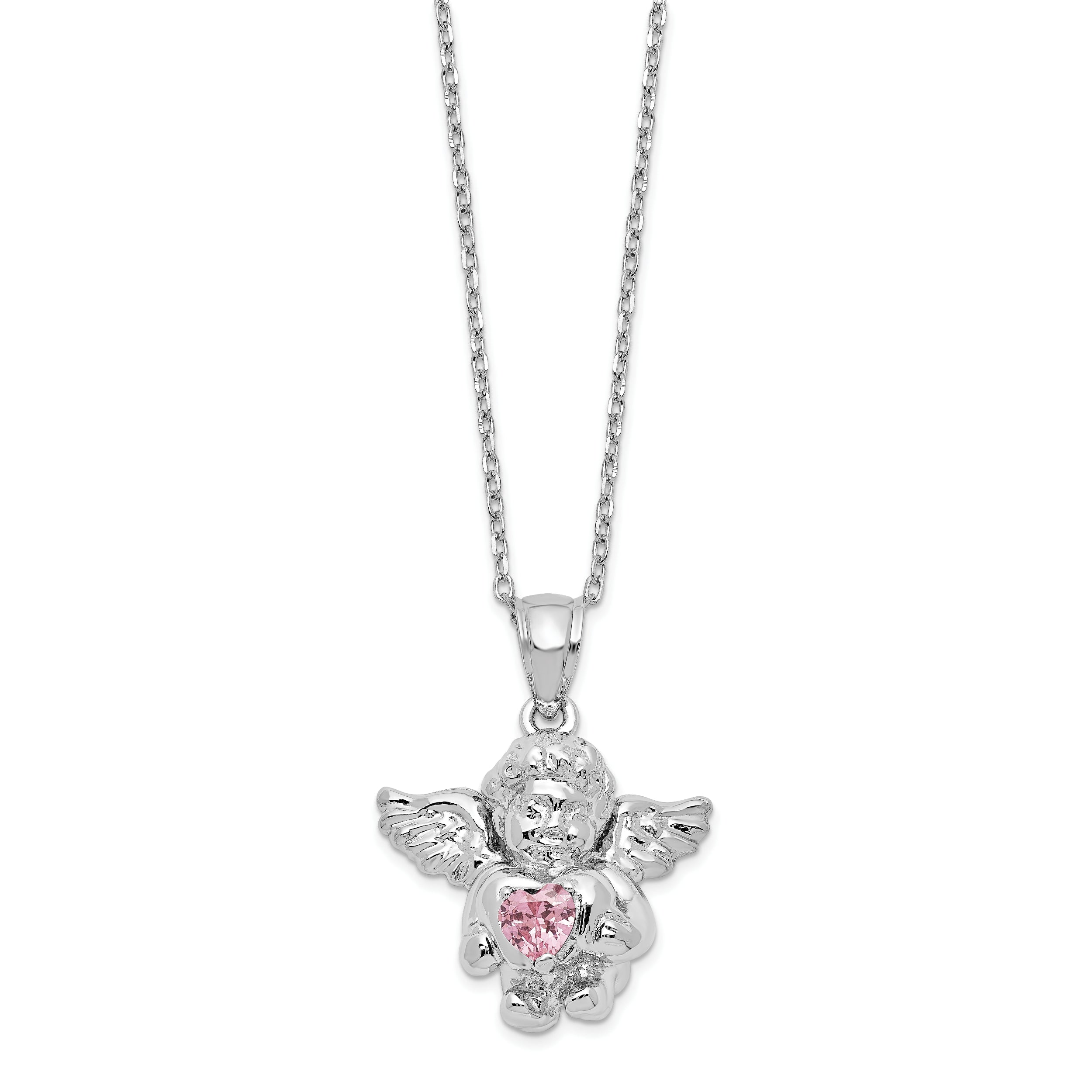 Sterling Silver RH-pltd CZ Oct Birthstone Angel Ash Holder 18in Necklace