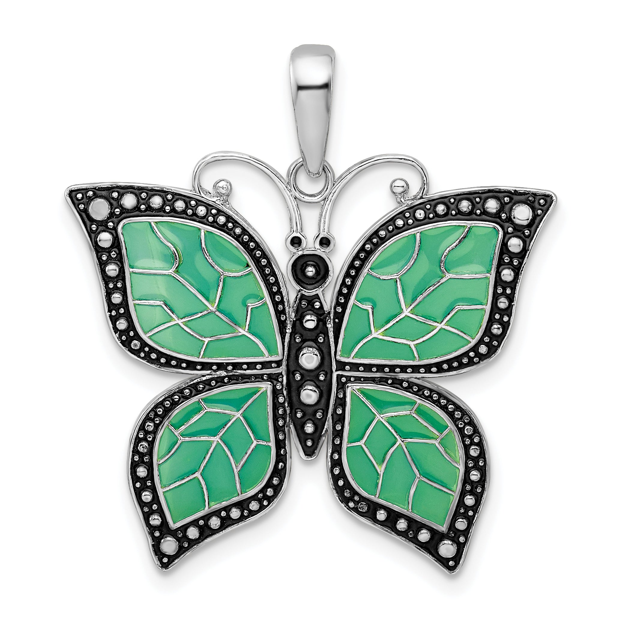 De-Ani Sterling Silver Rhodium-Plated Polished Enameled Aqua Butterfly Pendant