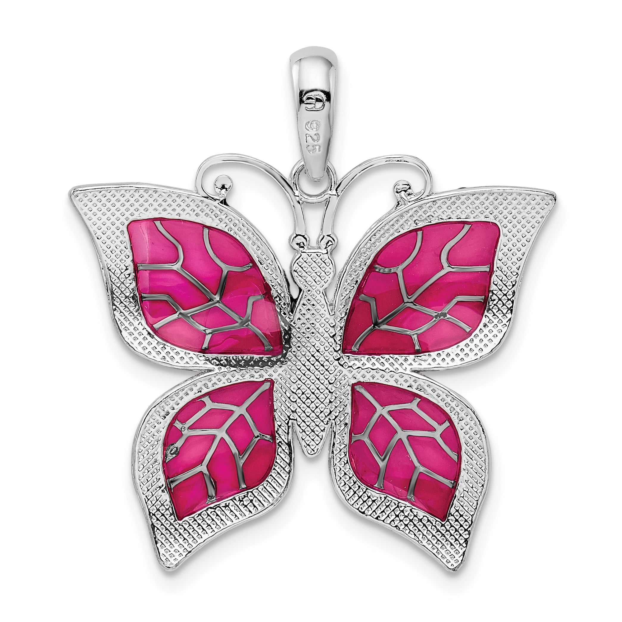 De-Ani Sterling Silver Rhodium-Plated Polished Enameled Fuchsia Butterfly Pendant