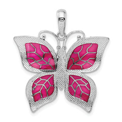 De-Ani Sterling Silver Rhodium-Plated Polished Enameled Fuchsia Butterfly Pendant