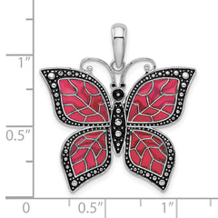 De-Ani Sterling Silver Rhodium-Plated Polished Enameled Fuchsia Butterfly Pendant