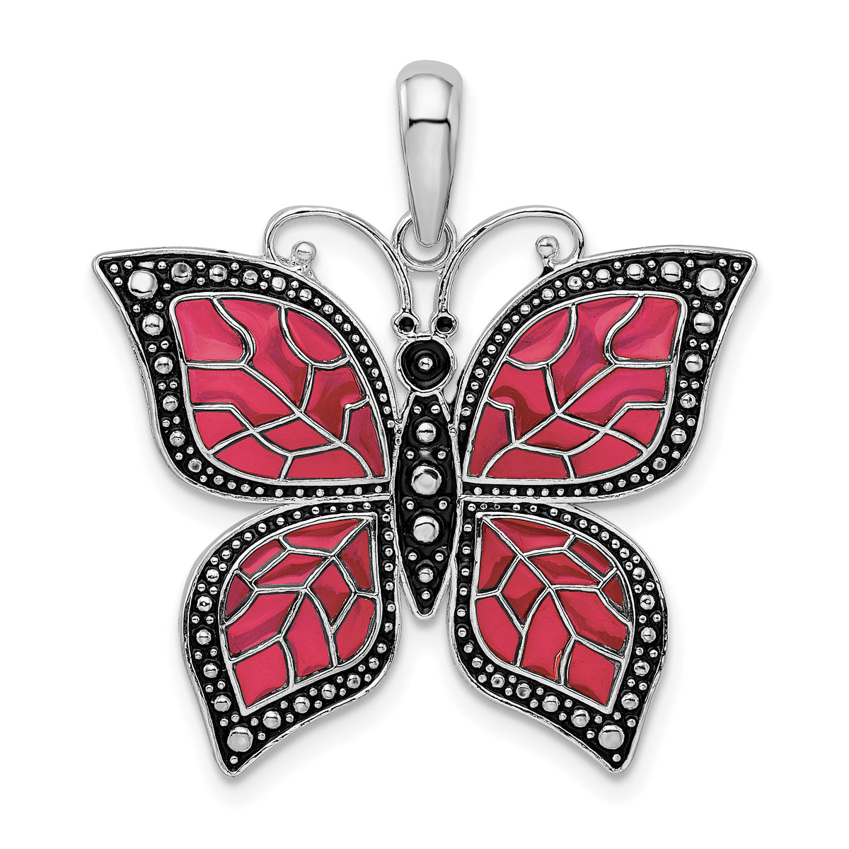 De-Ani Sterling Silver Rhodium-Plated Polished Enameled Fuchsia Butterfly Pendant