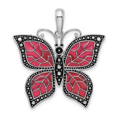 De-Ani Sterling Silver Rhodium-Plated Polished Enameled Fuchsia Butterfly Pendant