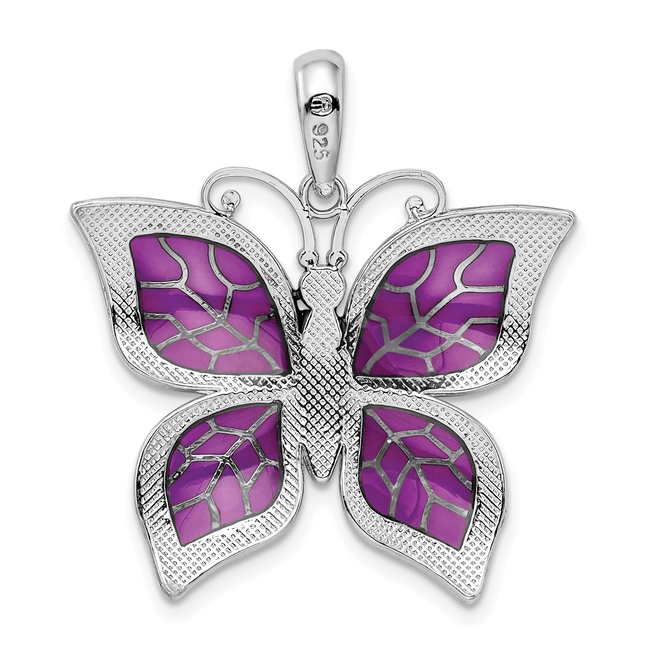 De-Ani Sterling Silver Rhodium-Plated Polished Enameled Purple Butterfly Pendant