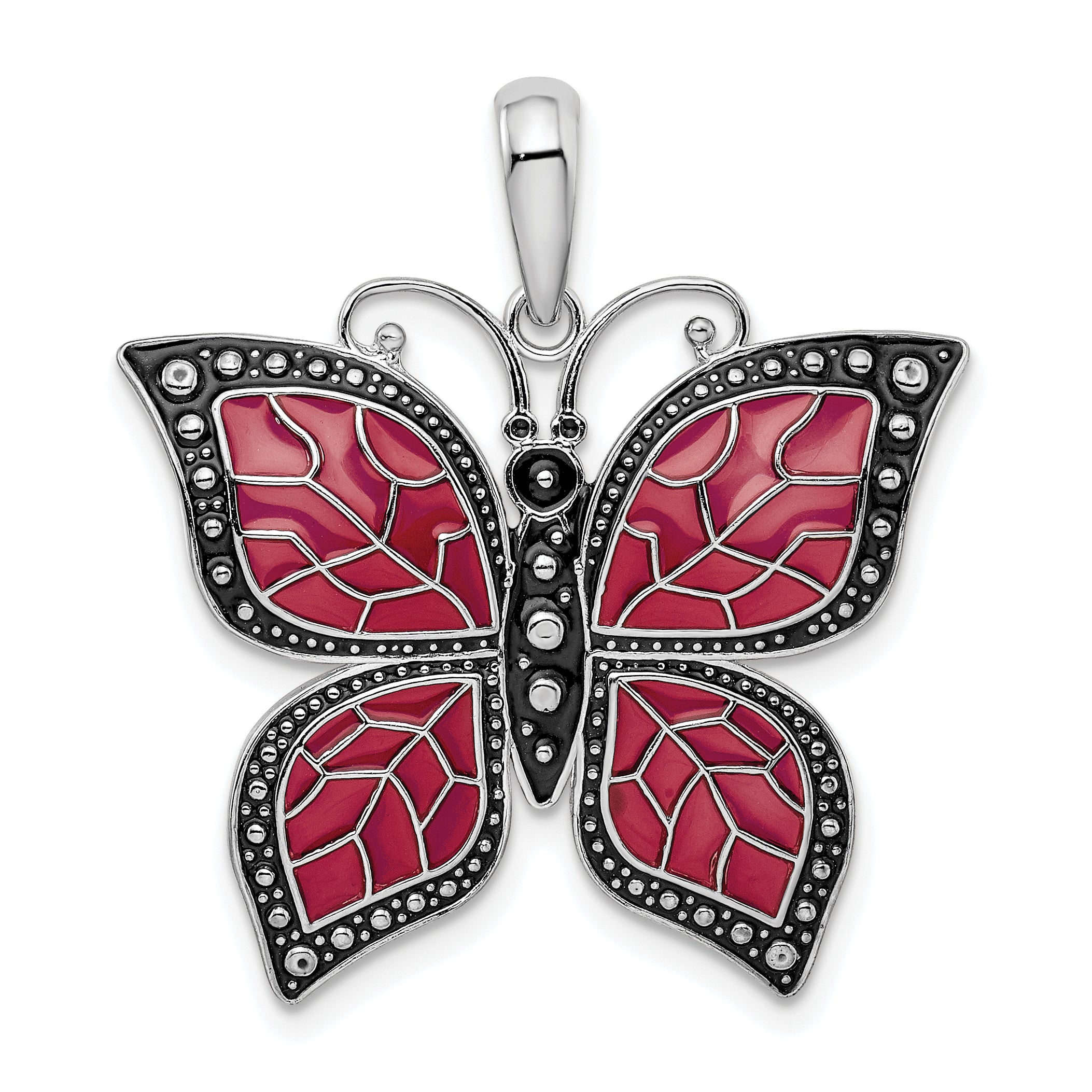 De-Ani Sterling Silver Rhodium-Plated Polished Enameled Purple Butterfly Pendant