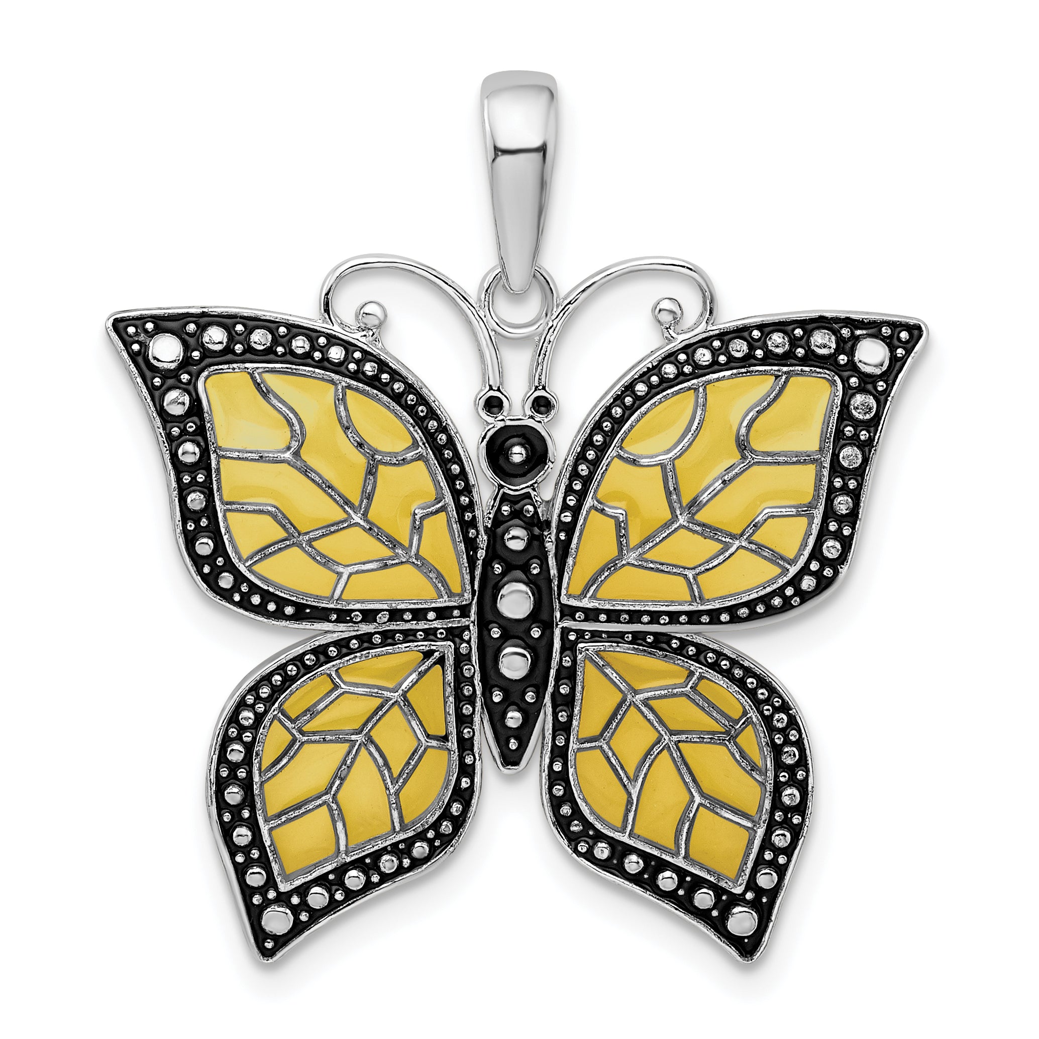 De-Ani Sterling Silver Rhodium-Plated Polished Enameled Yellow Butterfly Pendant