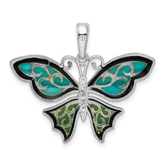 De-Ani Sterling Silver Rhodium-Plated Polished Enameled Aqua Butterfly Pendant