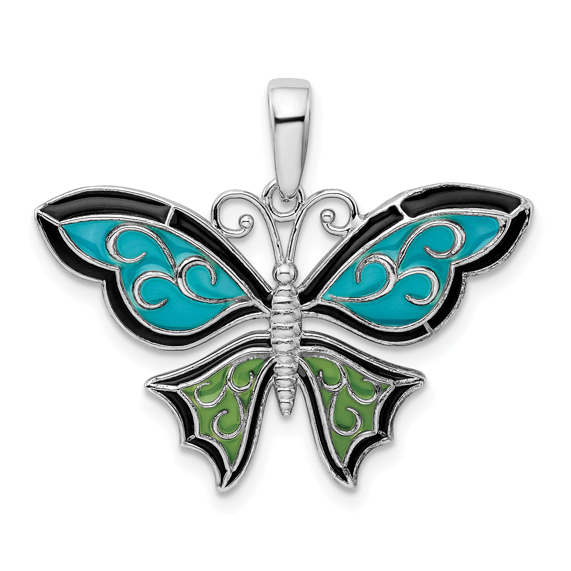 De-Ani Sterling Silver Rhodium-Plated Polished Enameled Aqua Butterfly Pendant