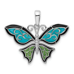 De-Ani Sterling Silver Rhodium-Plated Polished Enameled Aqua Butterfly Pendant