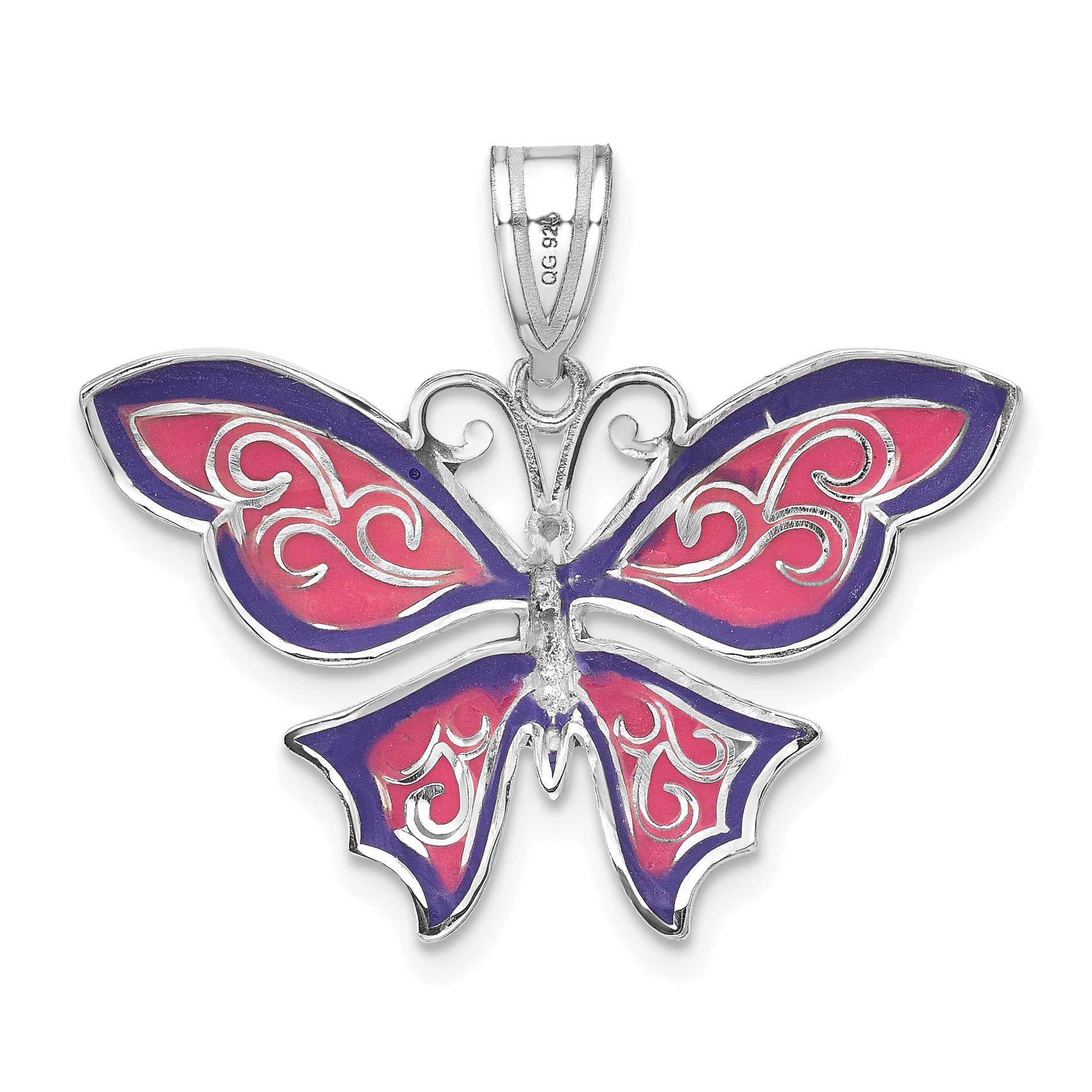 De-Ani Sterling Silver Rhodium-Plated Polished Enameled Purple Butterfly Pendant