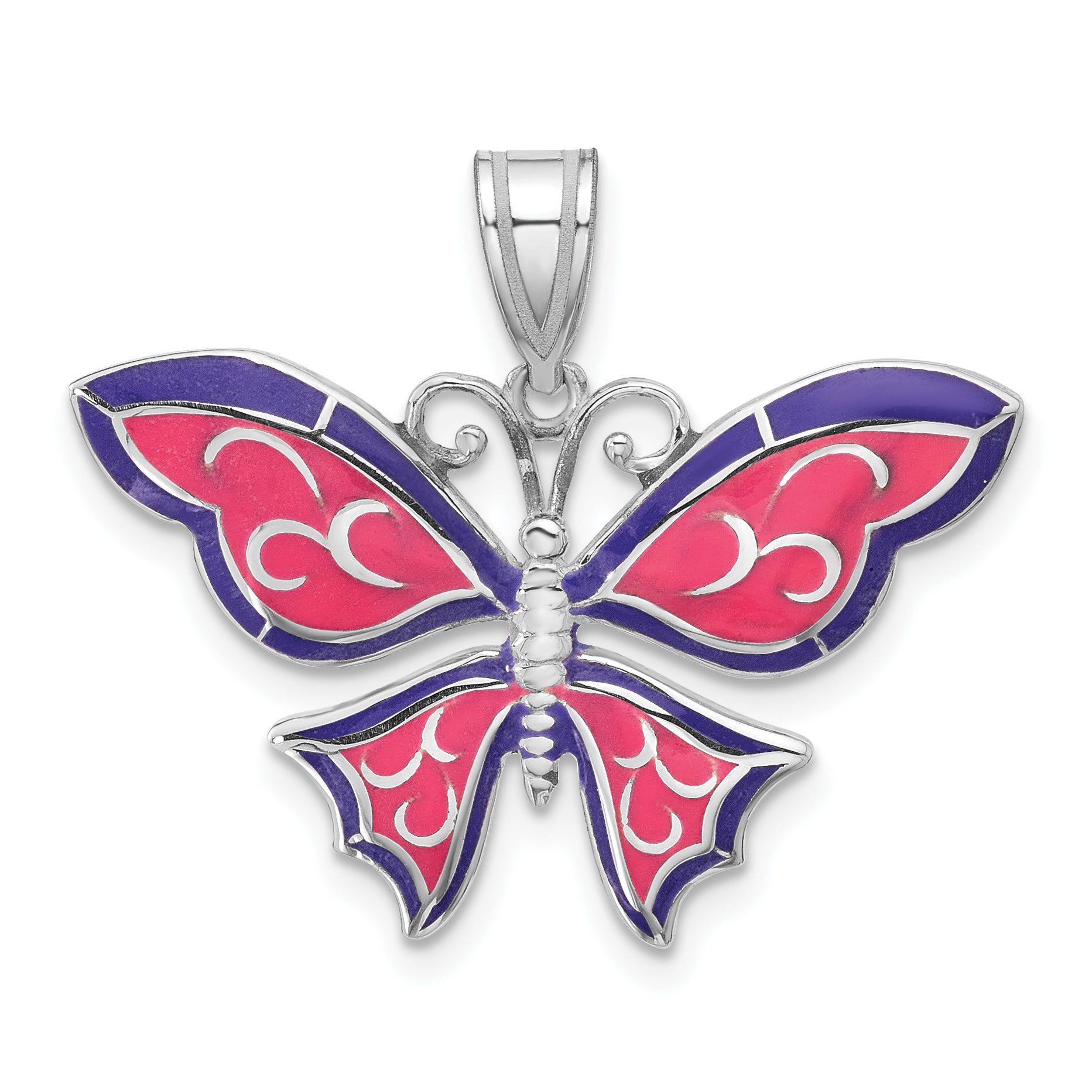 De-Ani Sterling Silver Rhodium-Plated Polished Enameled Purple Butterfly Pendant