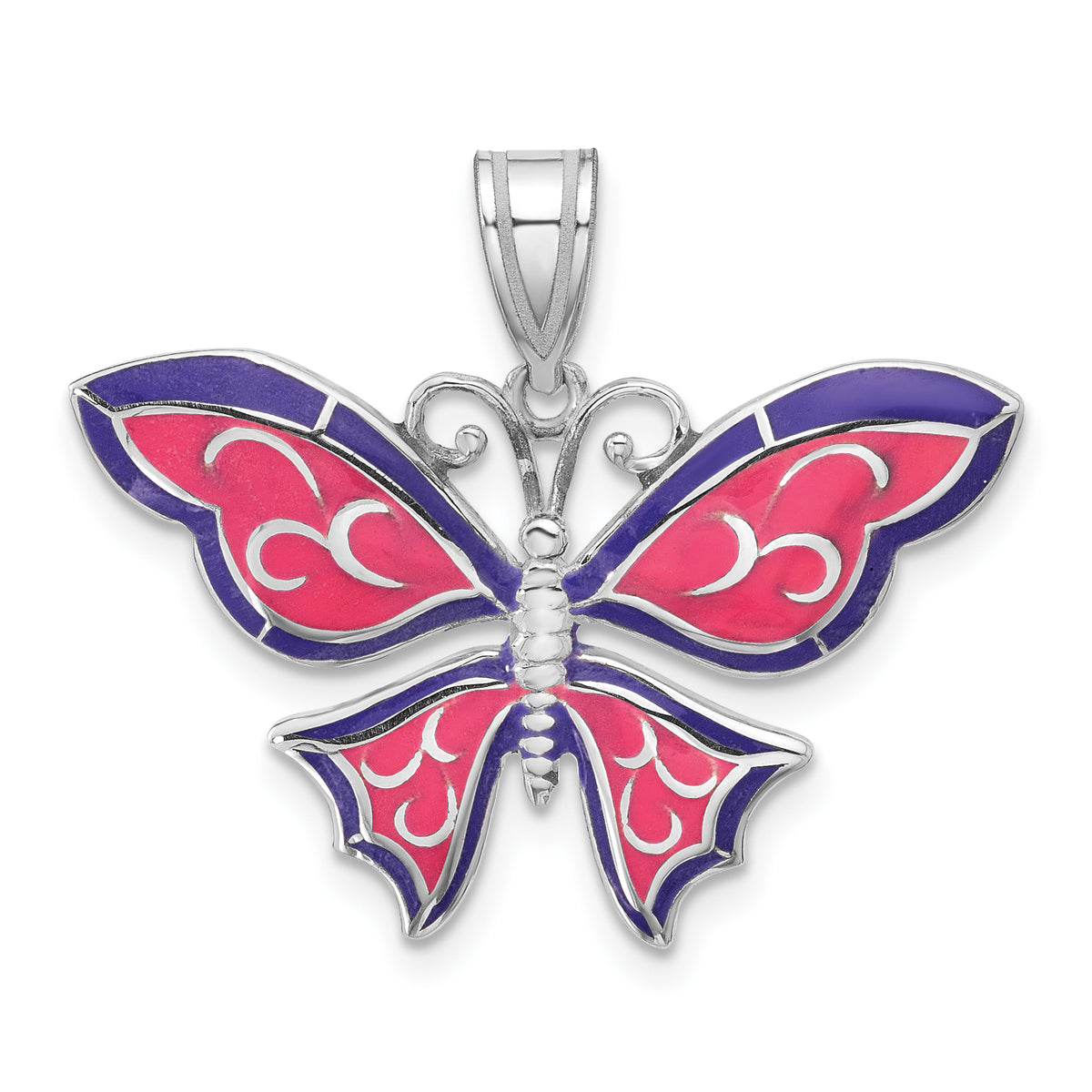 De-Ani Sterling Silver Rhodium-Plated Polished Enameled Purple Butterfly Pendant