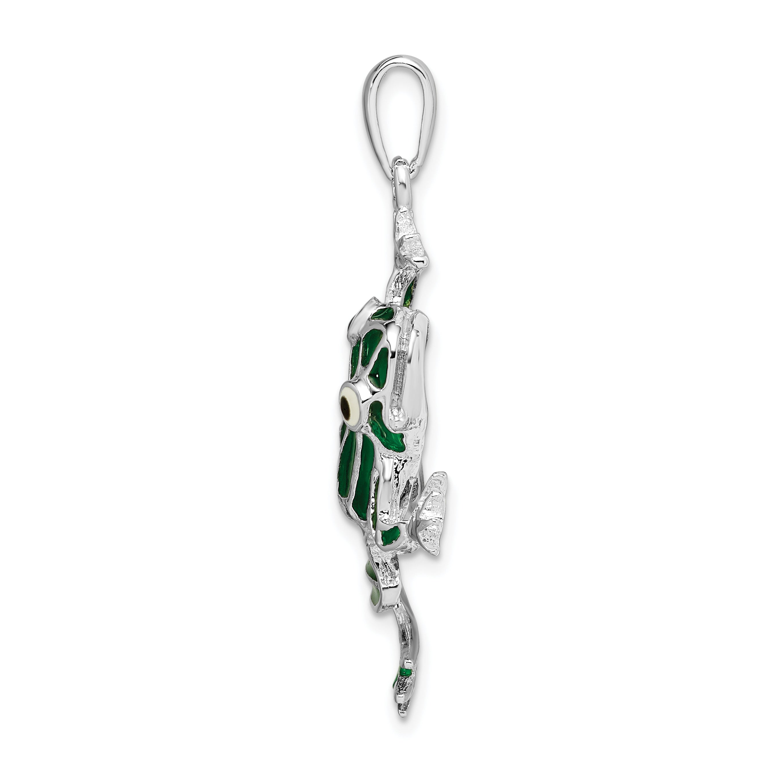 De-Ani Sterling Silver Rhodium-Plated Polished Enameled Green Frog Pendant