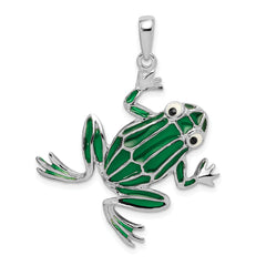 De-Ani Sterling Silver Rhodium-Plated Polished Enameled Green Frog Pendant