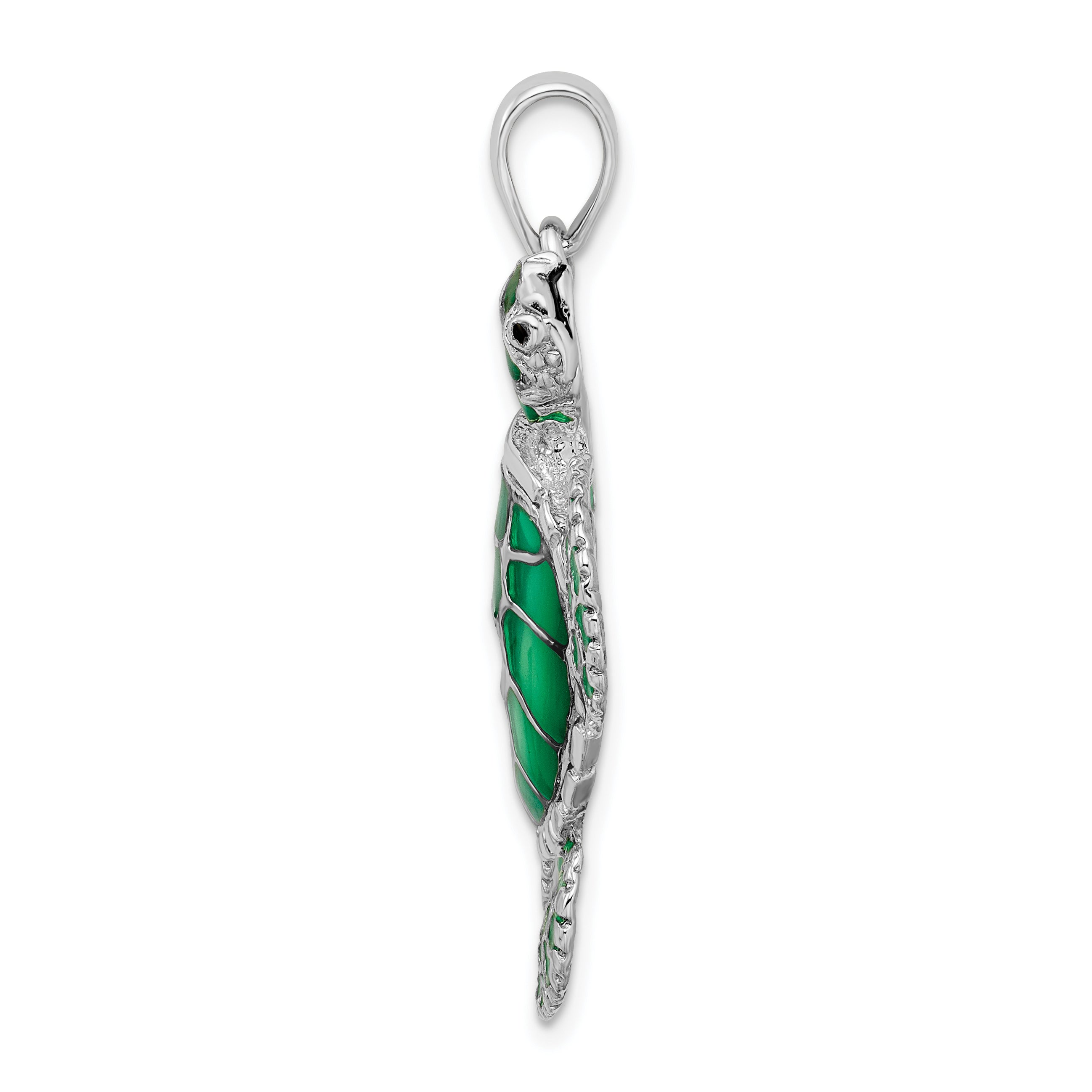 De-Ani Sterling Silver Rhodium-Plated Polished Enameled Green Sea Turtle Pendant