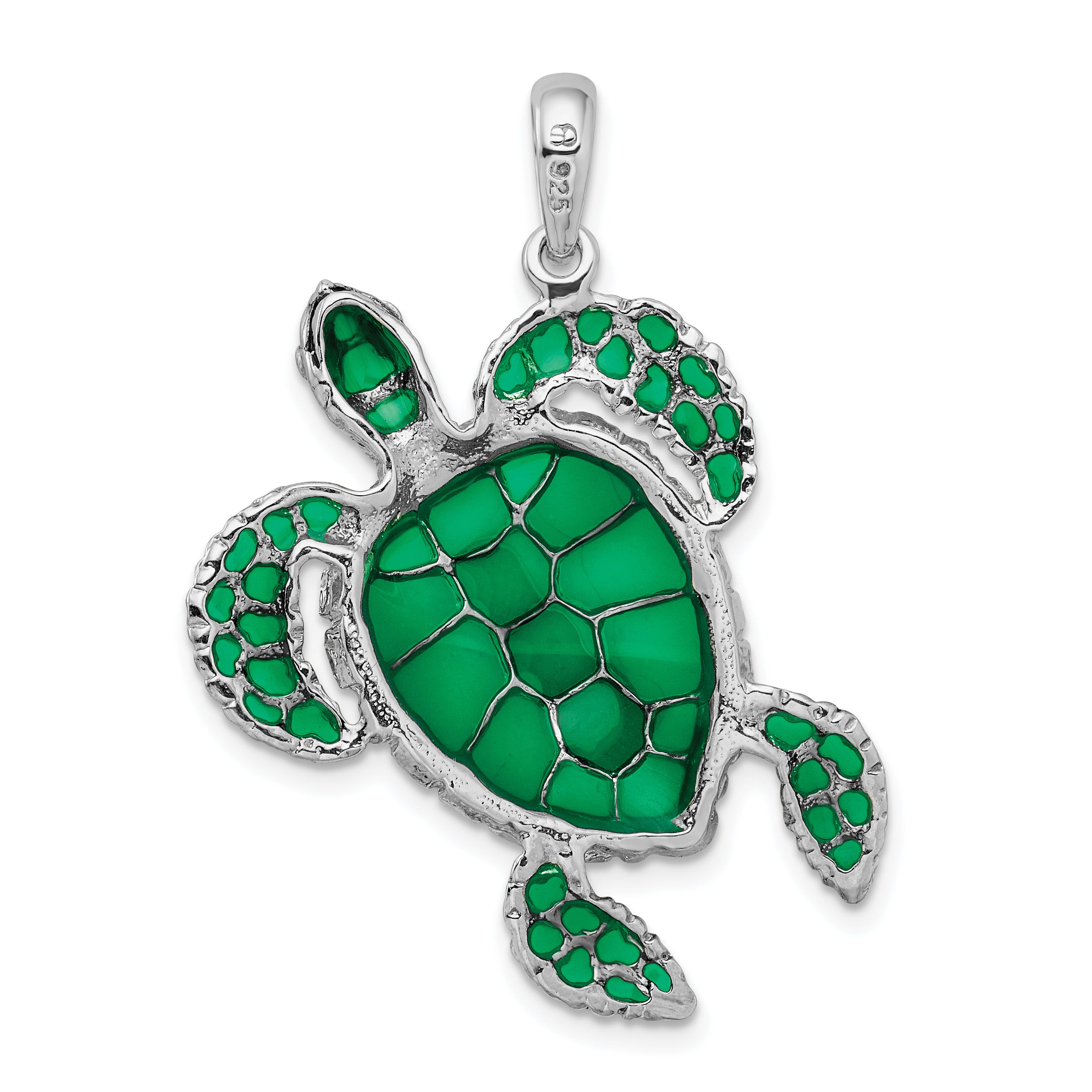 De-Ani Sterling Silver Rhodium-Plated Polished Enameled Green Sea Turtle Pendant