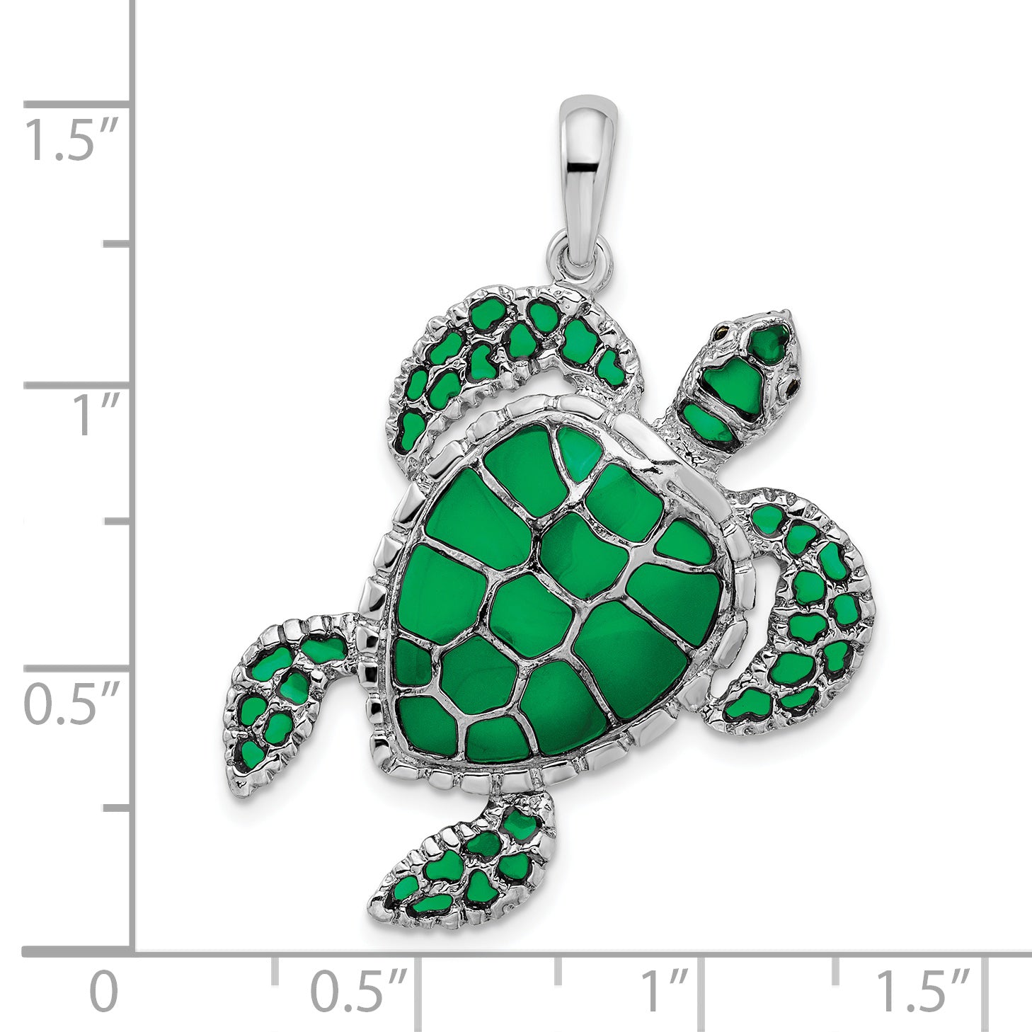 De-Ani Sterling Silver Rhodium-Plated Polished Enameled Green Sea Turtle Pendant