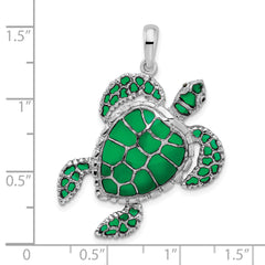 De-Ani Sterling Silver Rhodium-Plated Polished Enameled Green Sea Turtle Pendant