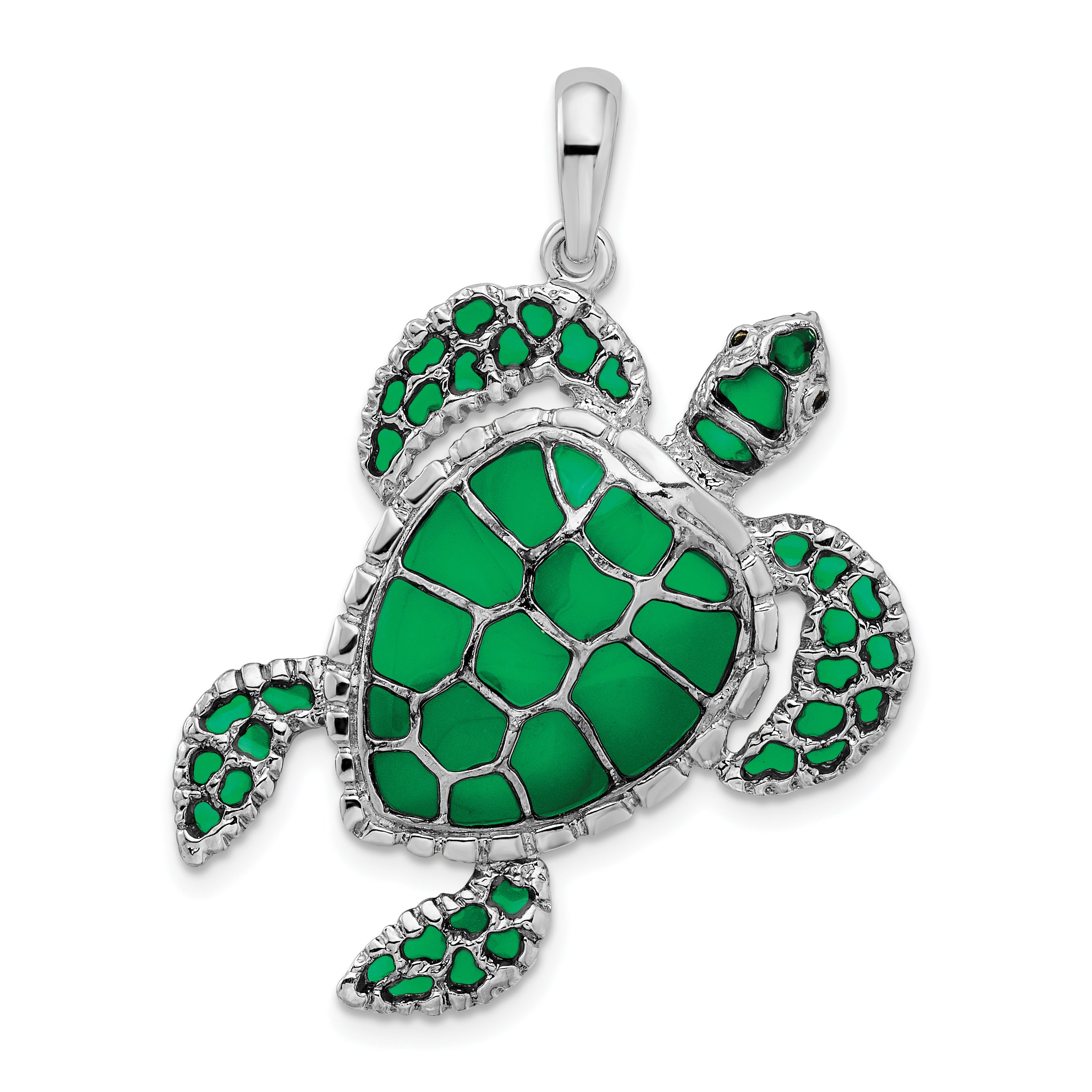 De-Ani Sterling Silver Rhodium-Plated Polished Enameled Green Sea Turtle Pendant