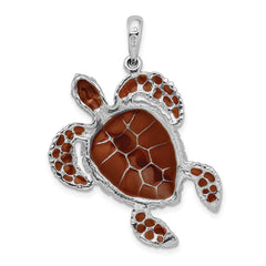 De-Ani Sterling Silver Rhodium-Plated Polished Enameled Brown Sea Turtle Pendant