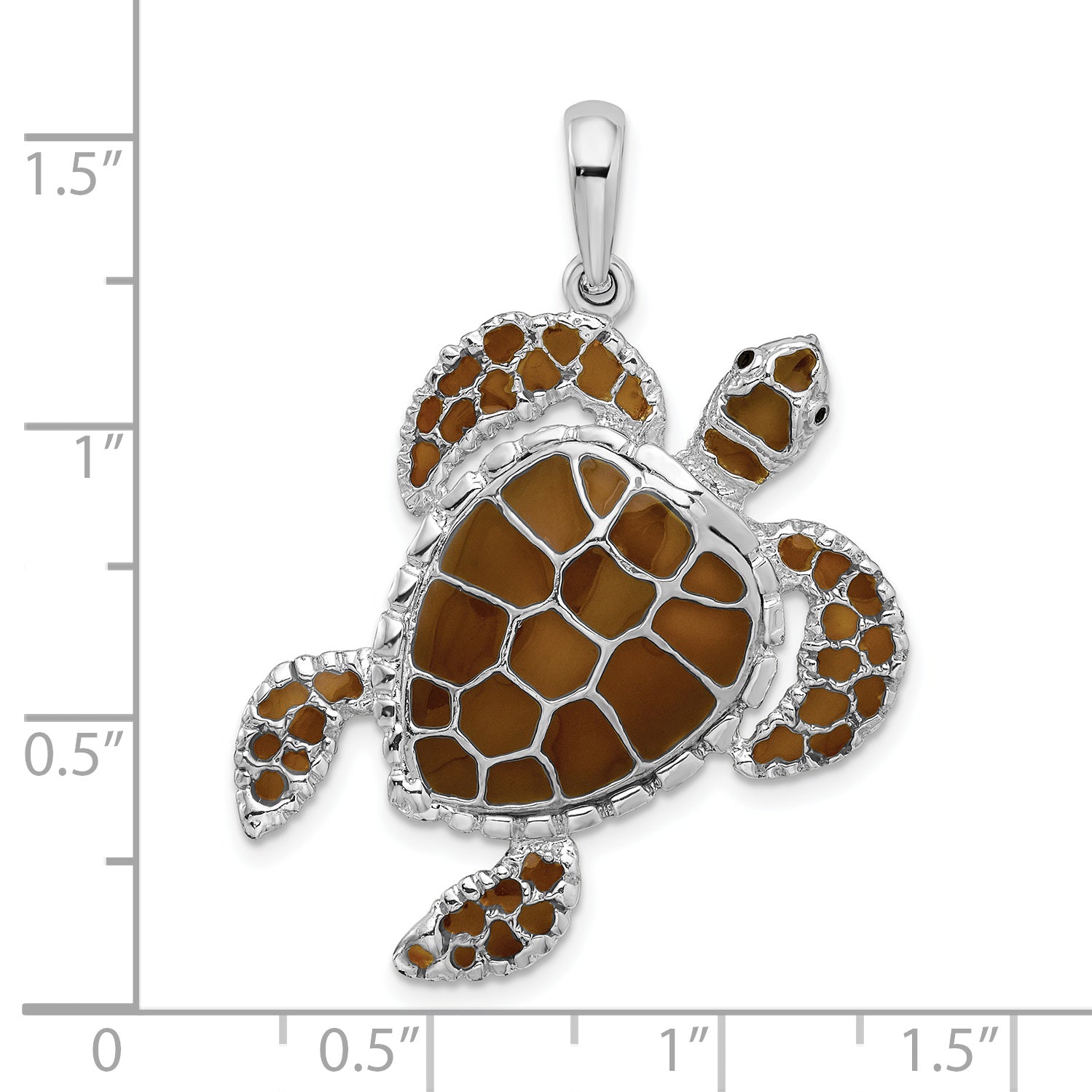 De-Ani Sterling Silver Rhodium-Plated Polished Enameled Brown Sea Turtle Pendant