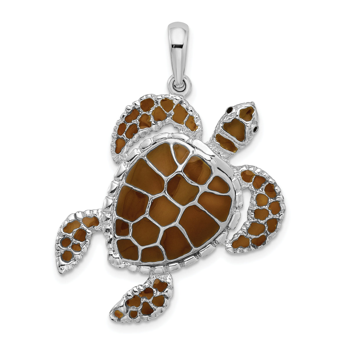 De-Ani Sterling Silver Rhodium-Plated Polished Enameled Brown Sea Turtle Pendant