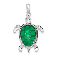 De-Ani Sterling Silver Rhodium-Plated Polished Enameled Green Sea Turtle Pendant