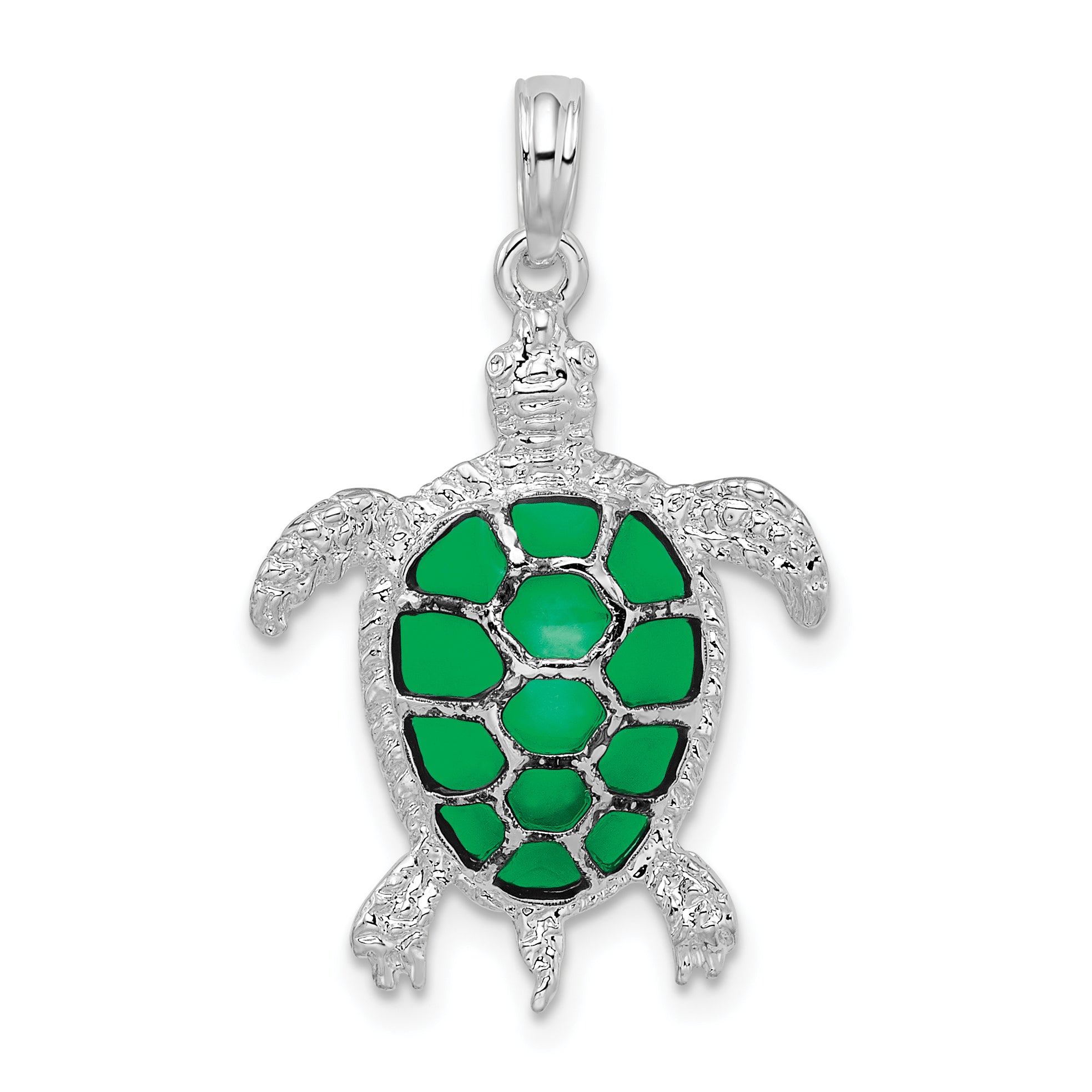 De-Ani Sterling Silver Rhodium-Plated Polished Enameled Green Sea Turtle Pendant