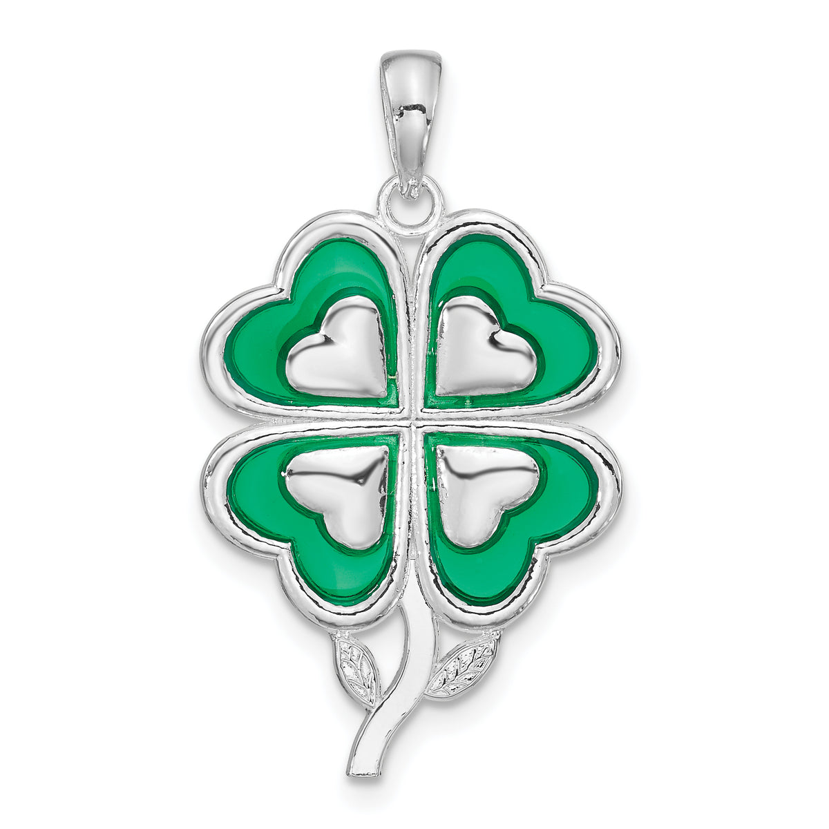 De-Ani Sterling Silver Rhodium-Plated Polished Enameled 4-Leaf Clover Pendant