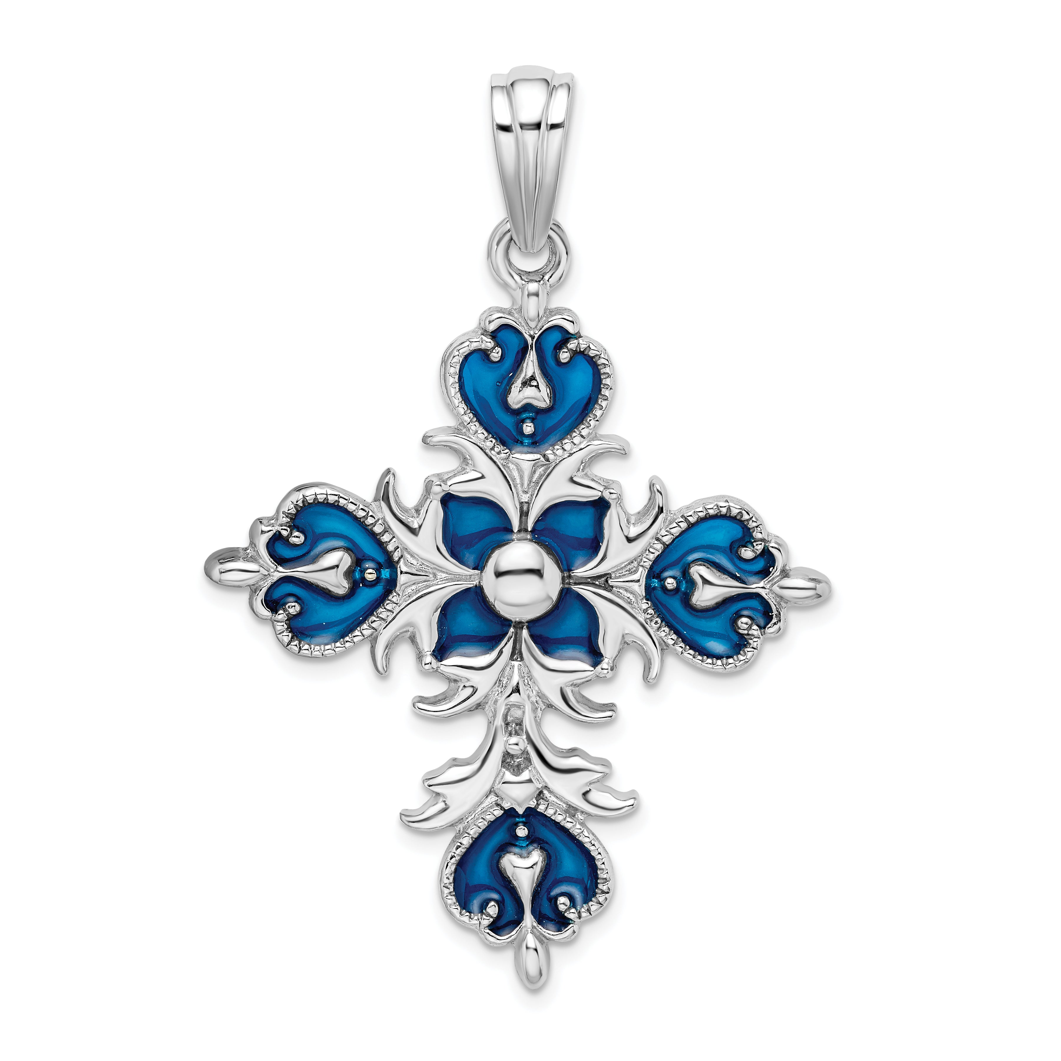 De-Ani Sterling Silver Rhodium-Plated Polished Enameled Fleur de Lis Cross Pendant