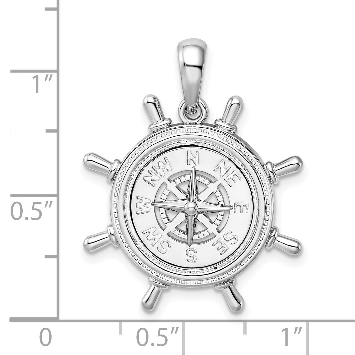 De-Ani Sterling Silver Rhodium-Plated Polished Ships Wheel with Compass Pendant