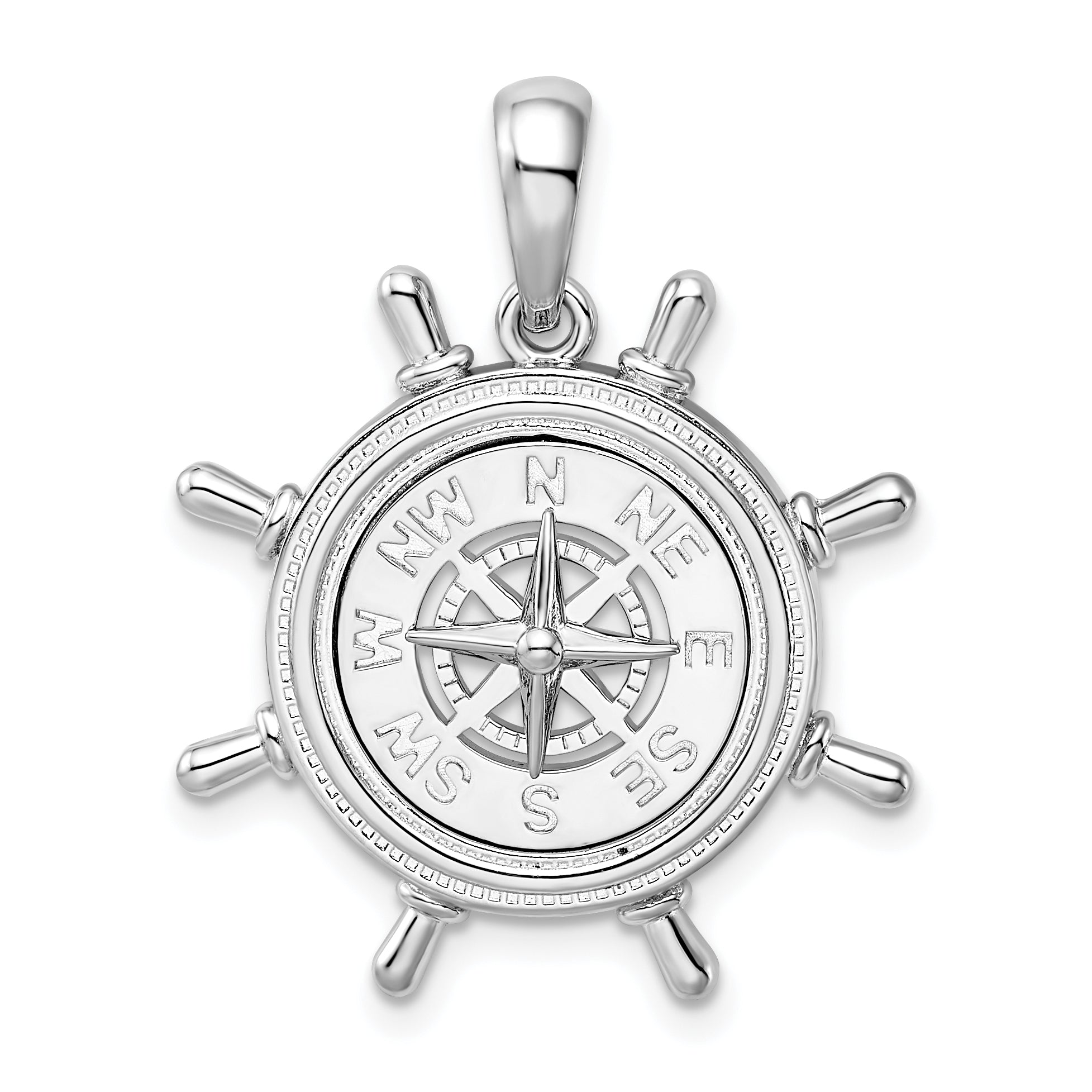 De-Ani Sterling Silver Rhodium-Plated Polished Ships Wheel with Compass Pendant