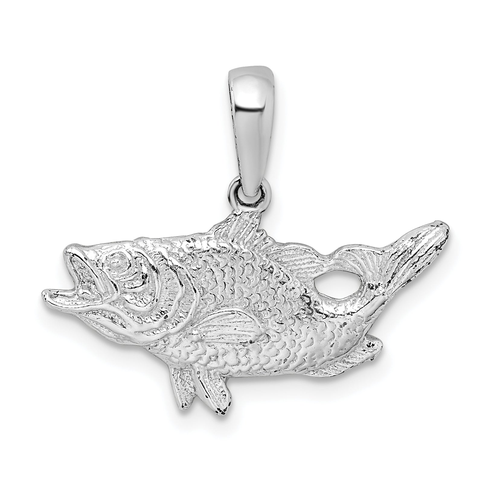 De-Ani Sterling Silver Rhodium-Plated Polished Open Mouth Bass Fish Pendant