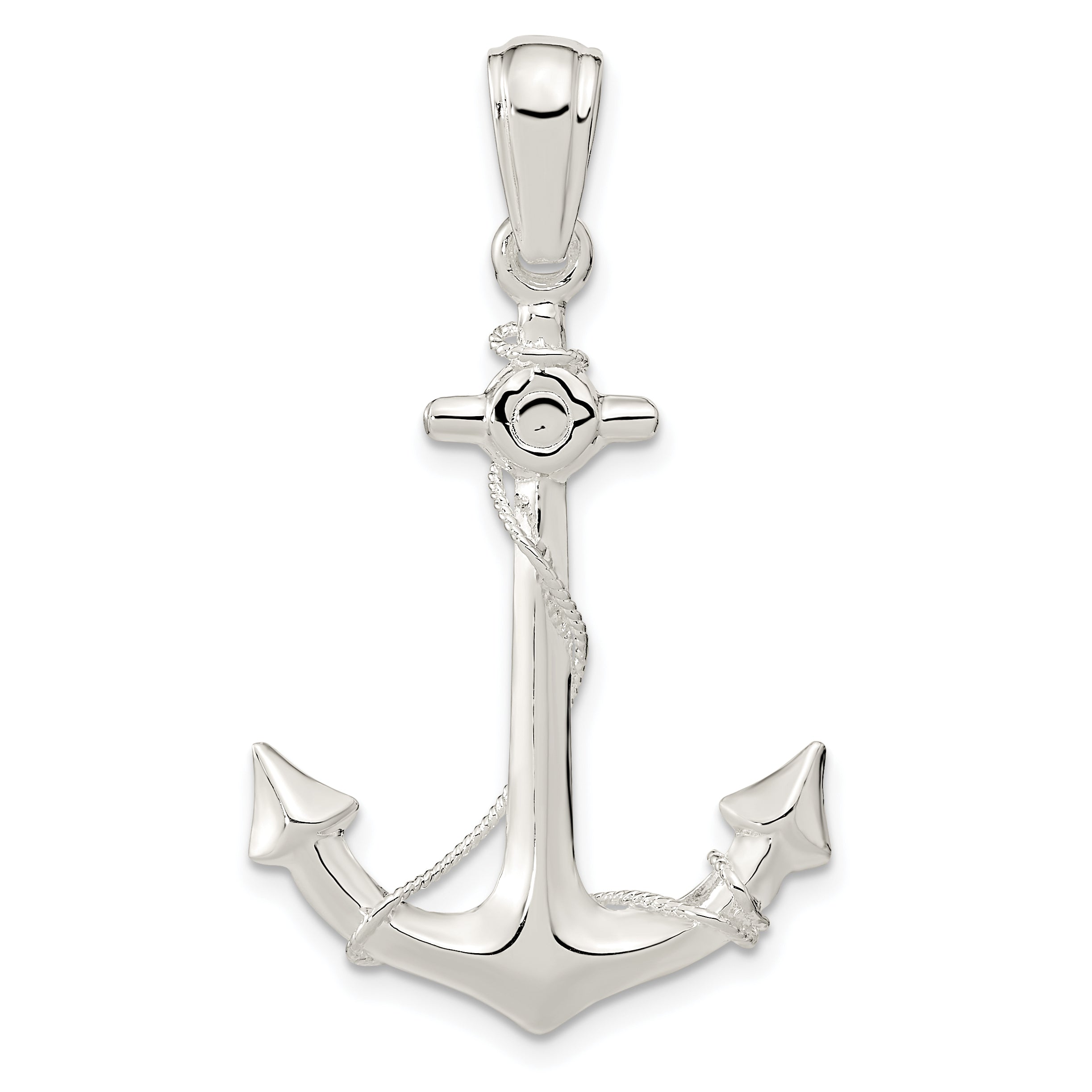 De-Ani Sterling Silver Rhodium-Plated Polished 3D Anchor with Rope Pendant