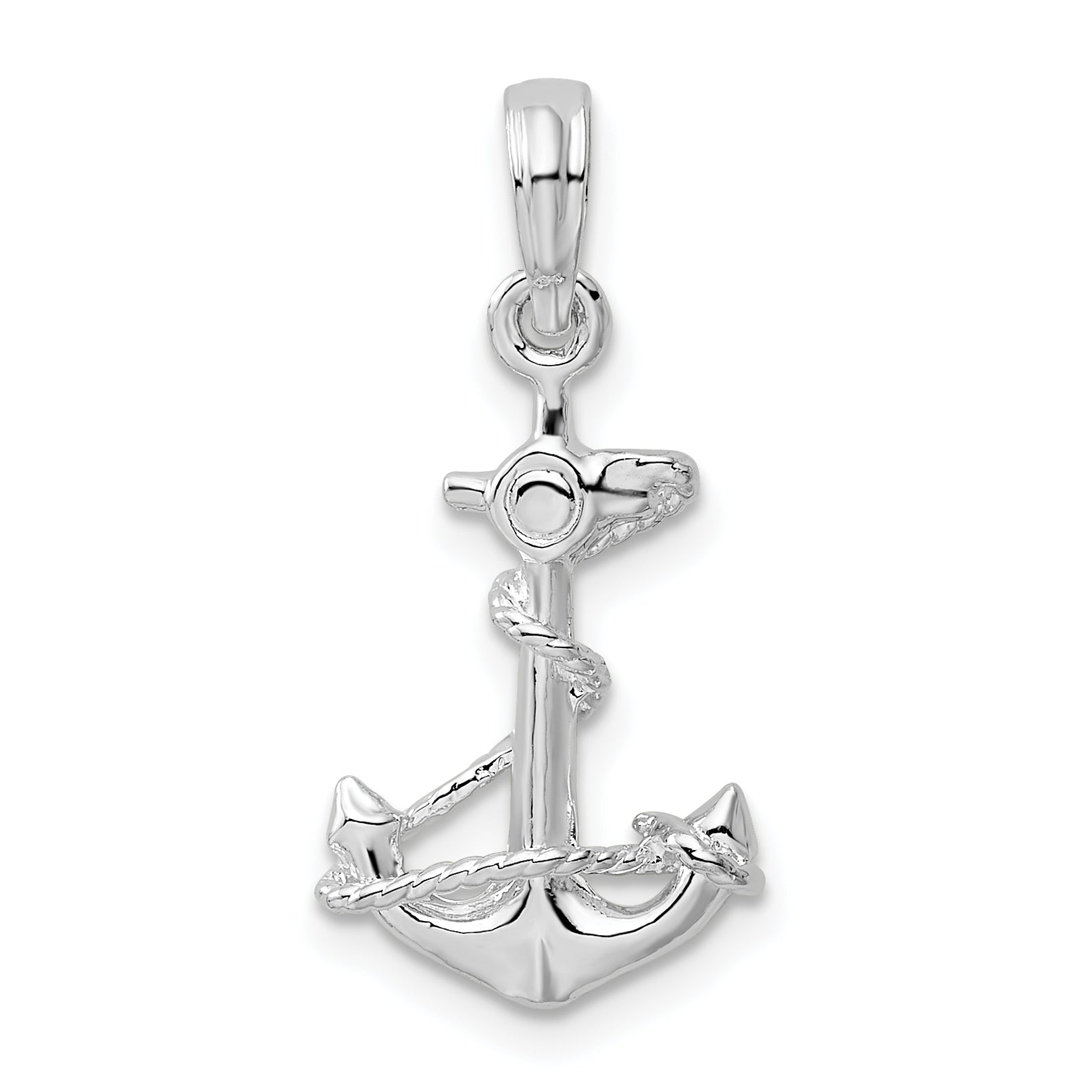 De-Ani Sterling Silver Rhodium-Plated Polished 3D Anchor with Rope Pendant