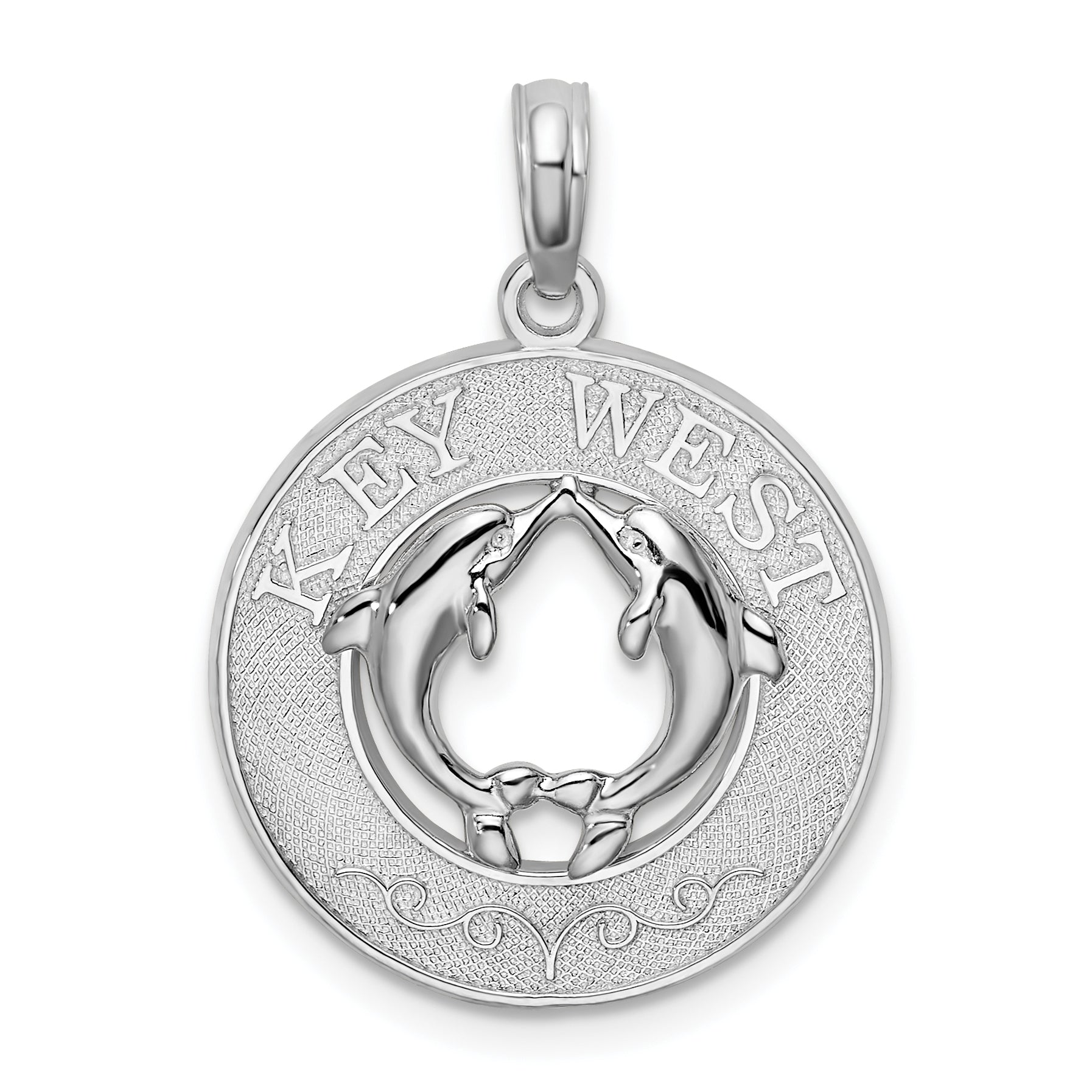 De-Ani Sterling Silver Rhodium-Plated Textured Key West with Dolphins Pendant