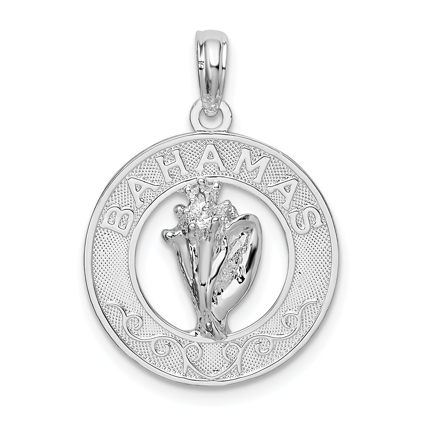 De-Ani Sterling Silver Rhodium-Plated Polished Bahamas Circle with Shell Pendant