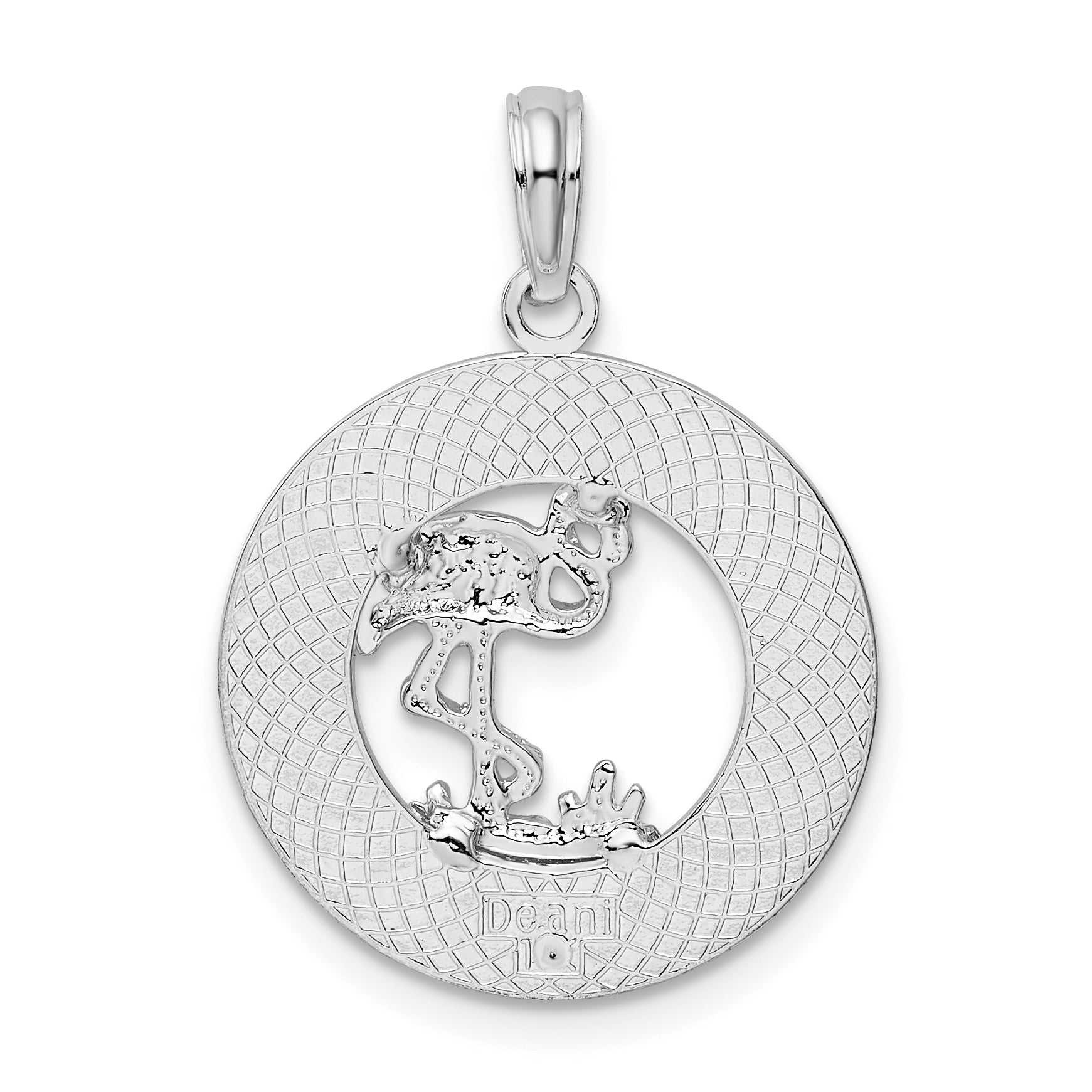 De-Ani Sterling Silver Rhodium-Plated Polished Bonaire Circle Flamingo Pendant