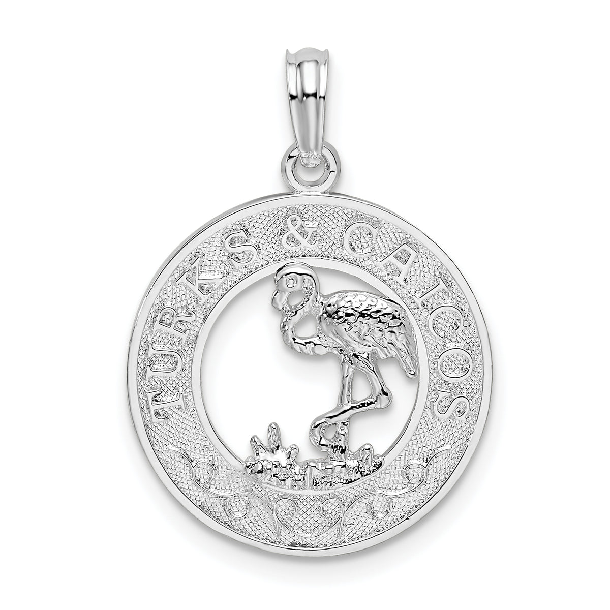 De-Ani Sterling Silver Rhodium-Plated Textured Turks and Caicos with Flamingo Pendant