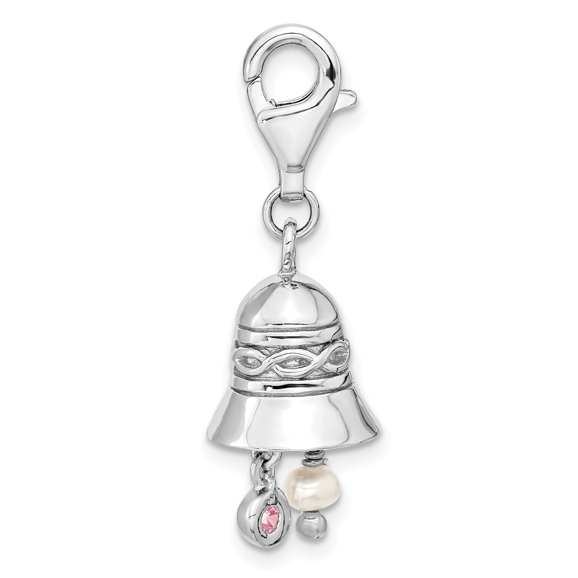 Sterling Silver Wedding Bell with CZ And FW Cultured Pearl w/Lobster