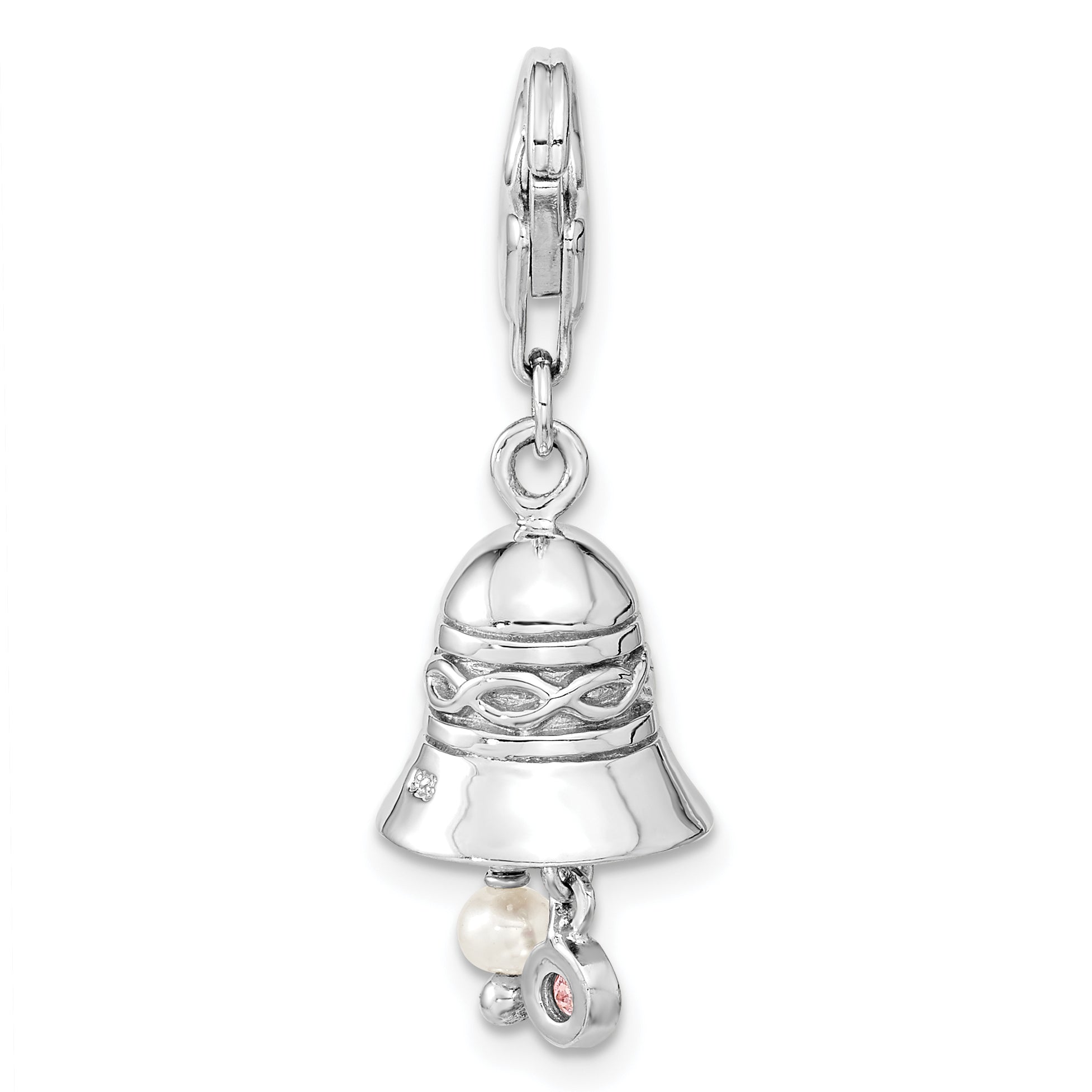 Sterling Silver Wedding Bell with CZ And FW Cultured Pearl w/Lobster