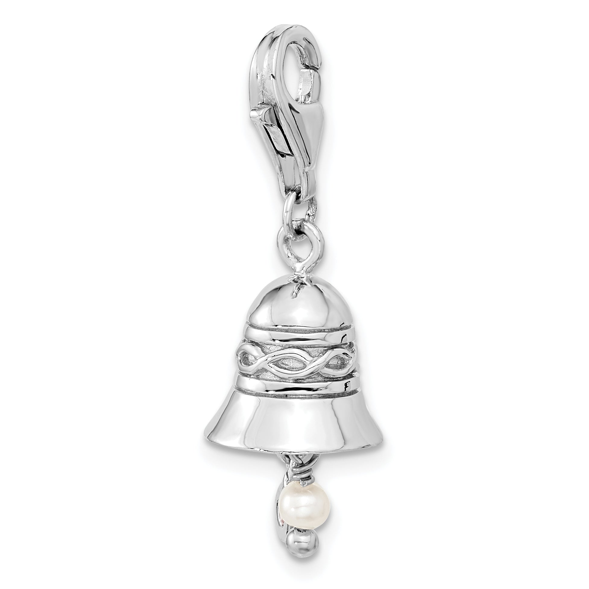 Sterling Silver Wedding Bell with CZ And FW Cultured Pearl w/Lobster