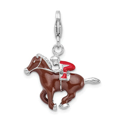 Sterling Silver Enamel Horse and Jockey w/ Lobster Clasp Charm