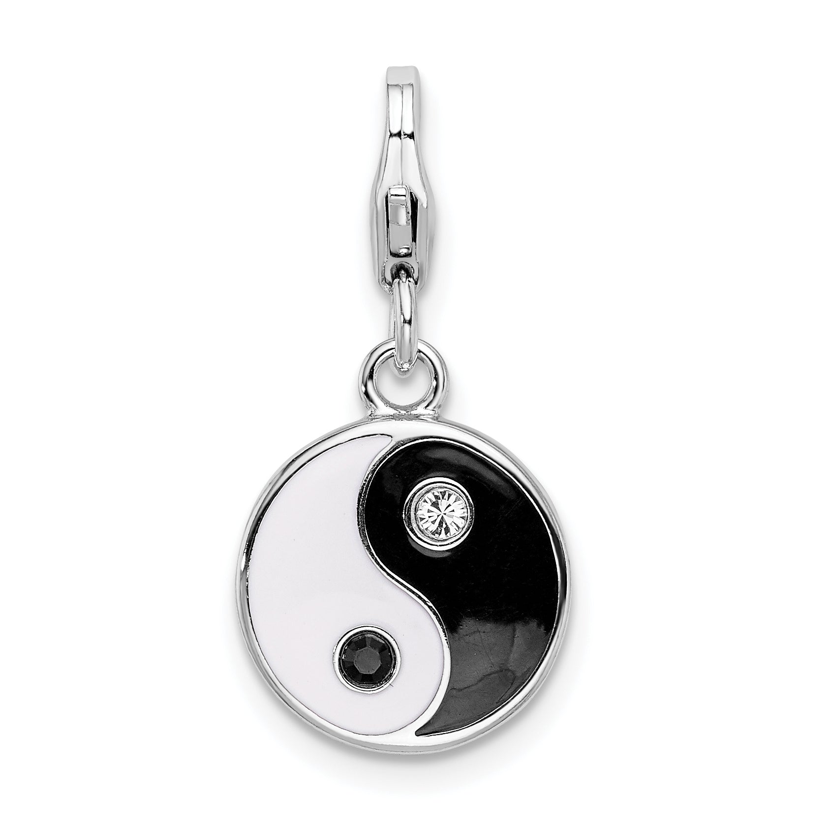 Amore La Vita Sterling Silver Rhodium-plated Polished Enameled Crystal From Swarovski Yin and Yang Charm with Fancy Lobster Clasp