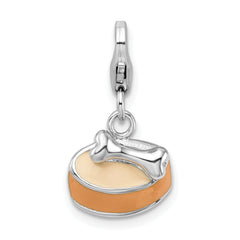 Amore La Vita Sterling Silver Rhodium-plated Polished 3-D Enameled Dog Bowl with Bone Charm with Fancy Lobster Clasp