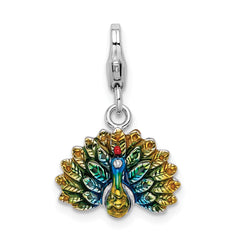 Amore La Vita Sterling Silver Rhodium-plated Polished 3-D Enameled Peacock Charm with Fancy Lobster Clasp