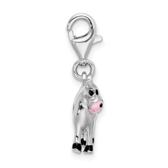 Amore La Vita Sterling Silver Rhodium-plated Polished Enameled 3-D Cow Charm with Fancy Lobster Clasp