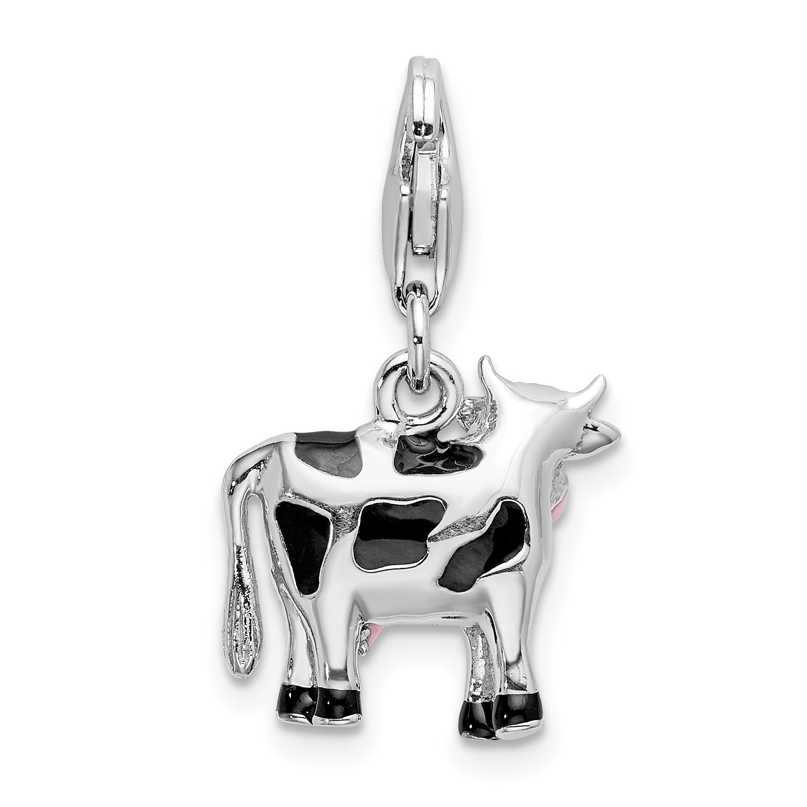 Amore La Vita Sterling Silver Rhodium-plated Polished Enameled 3-D Cow Charm with Fancy Lobster Clasp