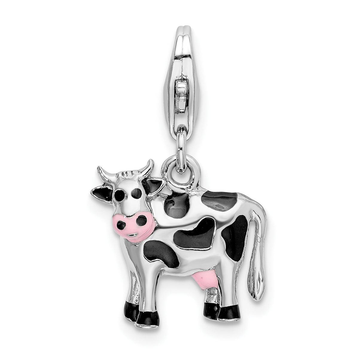 Amore La Vita Sterling Silver Rhodium-plated Polished Enameled 3-D Cow Charm with Fancy Lobster Clasp