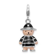 Amore La Vita Sterling Silver Rhodium-plated Polished 3-D Enameled Teddy Bear in Black Hat and Coat Charm with Fancy Lobster Clasp